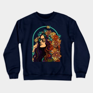 Hippie Style Girl And Colorful Flower Garden Retro Aesthetic Crewneck Sweatshirt